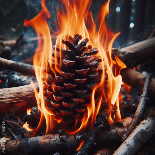 Burning pine cone Detailed view of a pine cone consumed by campf