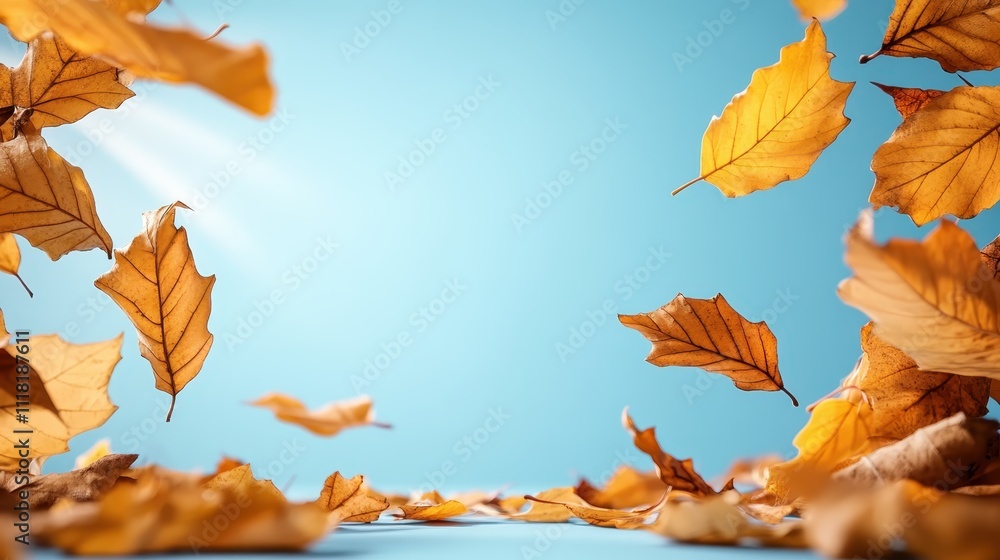 The image depicts golden leaves swirling in the air against a calm blue background, creating a dynamic scene of change and the beauty of autumn’s transition. The image depicts golden leaves swirling in the air against a calm blue background, creating a dynamic scene of change and the beauty of autumn’s transition.