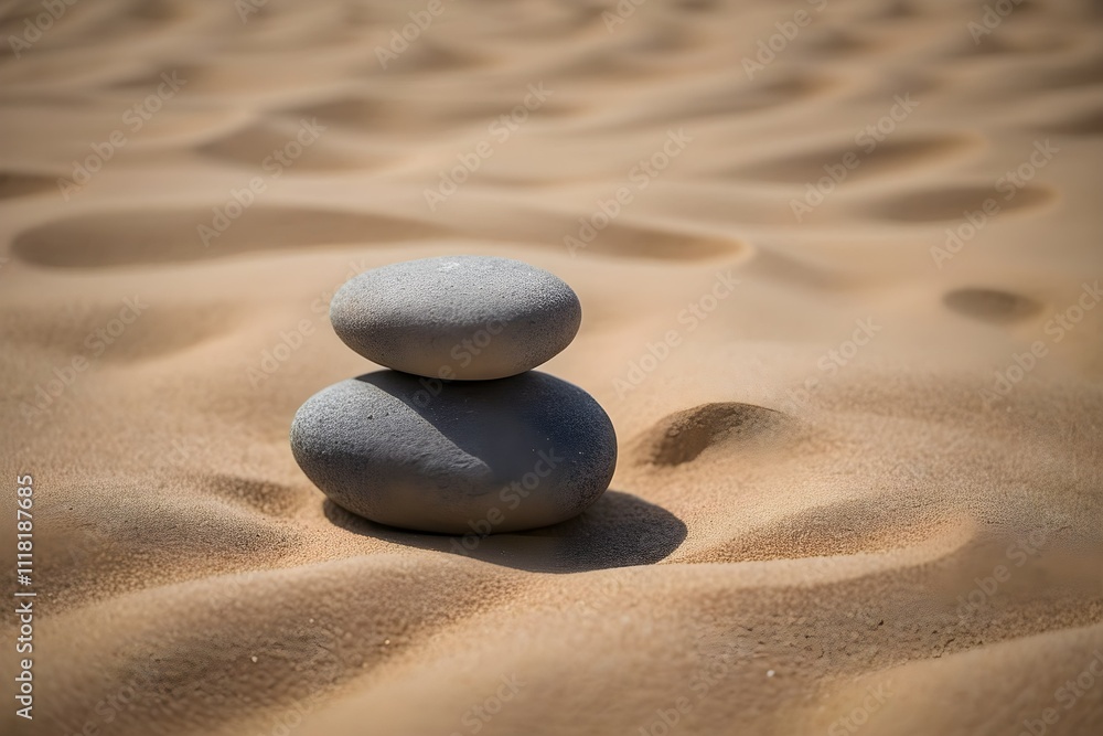 A single smooth stone on soft, undisturbed sand. The simple, tranquil scene features soft lighting and subtle shadows, evoking calmness and serenity with a minimalist, peaceful aesthetic. A single smooth stone on soft, undisturbed sand. The simple, tranquil scene features soft lighting and subtle shadows, evoking calmness and serenity with a minimalist, peaceful aesthetic.