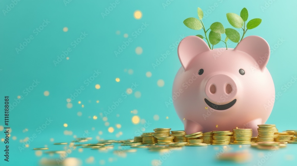 Pink piggy bank with green saplings emerging from coin slots, surrounded by gold coins on a teal background Pink piggy bank with green saplings emerging from coin slots, surrounded by gold coins on a teal background