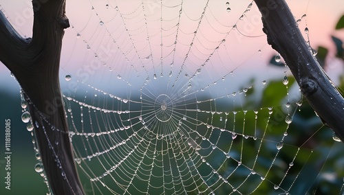 A close-up of a mesmerizing spider web with thousands of dew droplets, densely woven with intricate silk threads, stretching between two gnarled branches, its delicate patterns and geometric shapes