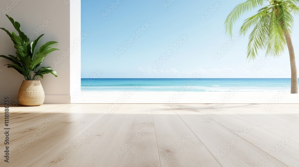 A bright and airy space opens up to a sunlit beach scene, including a vibrant palm tree and a potted plant, with expansive ocean views and a clear sky. A bright and airy space opens up to a sunlit beach scene, including a vibrant palm tree and a potted plant, with expansive ocean views and a clear sky.