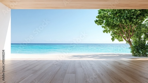 A serene beach scene viewed from a contemporary wooden interior  featuring a lush tree on the right and clear blue ocean waves under a bright sky.