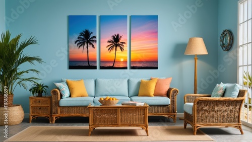 Bright tropical living room with palm tree split canvas wall art mockup and wicker furniture.