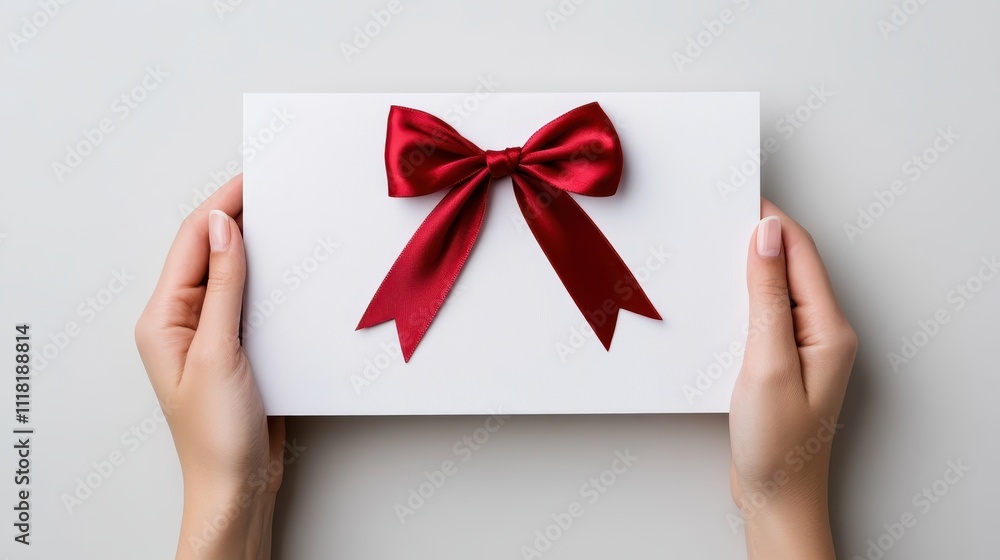 A white gift card wrapped with a bold red ribbon is held by hands on a soft neutral background, conveying notions of gifting and elegance. A white gift card wrapped with a bold red ribbon is held by hands on a soft neutral background, conveying notions of gifting and elegance.