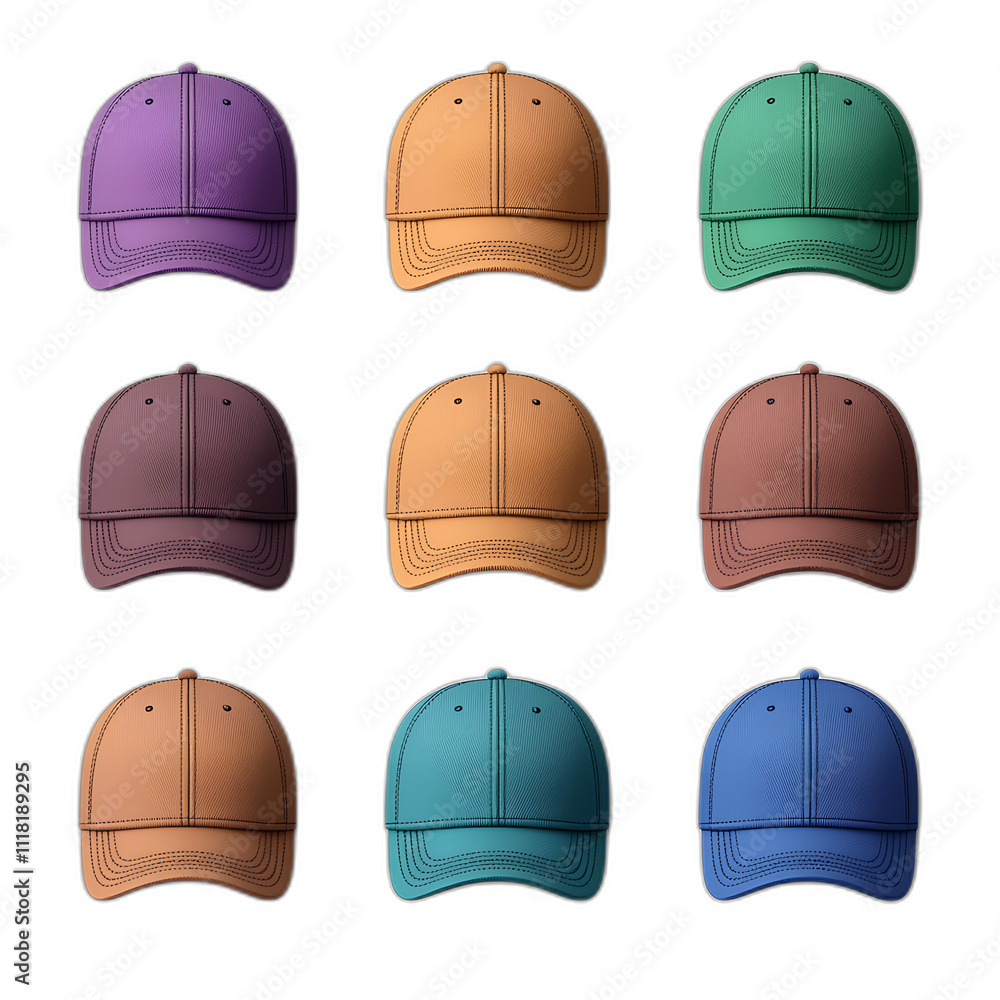 Nine Colorful Baseball Caps Mockup Apparel Fashion Headwear Accessory Nine Colorful Baseball Caps Mockup Apparel Fashion Headwear Accessory