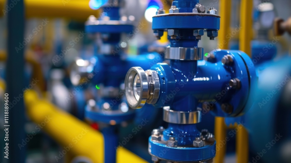 Complex network of blue and yellow pipes and valves represents modern industrial production, highlighting innovative engineering and technology in a manufacturing or processing facility Complex network of blue and yellow pipes and valves represents modern industrial production, highlighting innovative engineering and technology in a manufacturing or processing facility