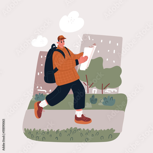 Vector illustration of the concept of a tourist walking through the city with a backpack, looking at a map