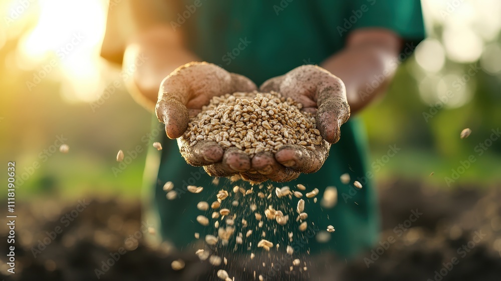 Close-up of hands filled with grains, letting them spill onto the fertile soil, symbolizing abundance, growth, and the cycle of nature in an agricultural setting at dawn. Close-up of hands filled with grains, letting them spill onto the fertile soil, symbolizing abundance, growth, and the cycle of nature in an agricultural setting at dawn.