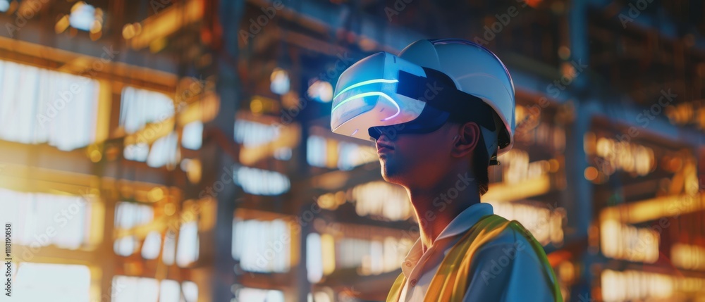 Focused and poised, a man in VR gear explores an industrial setting, blending construction and digital innovation under warm light. Focused and poised, a man in VR gear explores an industrial setting, blending construction and digital innovation under warm light.