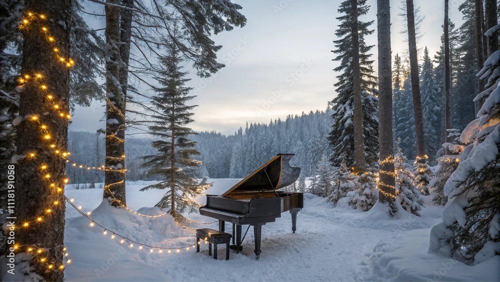 Magical winter scene with a grand piano surrounded by snowy trees and glowing fairy lights Magical winter scene with a grand piano surrounded by snowy trees and glowing fairy lights
