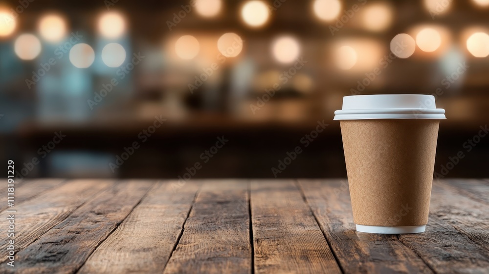 A brown paper coffee cup with a white lid sits on a rustic wooden table against a blurred background with warm lights, creating a cozy atmosphere. A brown paper coffee cup with a white lid sits on a rustic wooden table against a blurred background with warm lights, creating a cozy atmosphere.
