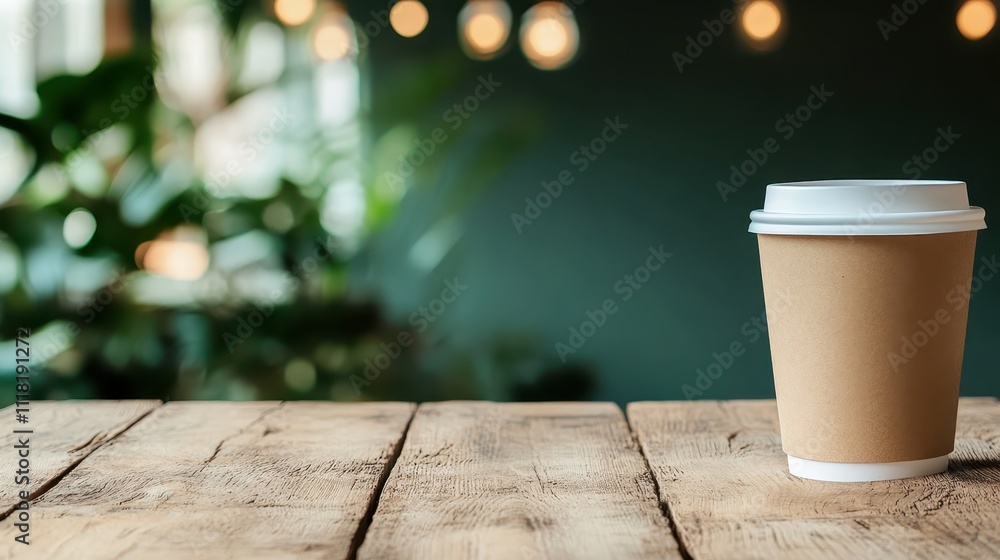 A simple coffee cup with a white lid on a rustic wooden table, set against a blurred background of green decor and soft ambient lighting. A simple coffee cup with a white lid on a rustic wooden table, set against a blurred background of green decor and soft ambient lighting.