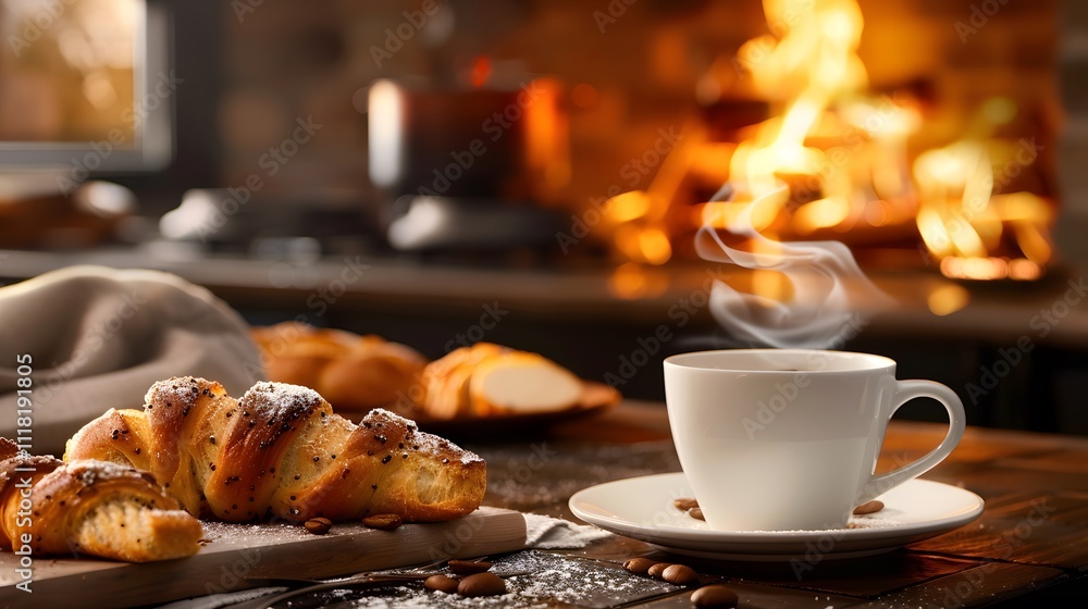Cozy breakfast scene fresh croissant and coffee by the fireplace home lifestyle comfort Cozy breakfast scene fresh croissant and coffee by the fireplace home lifestyle comfort