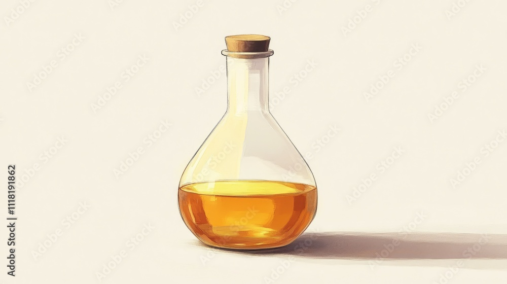 A classic lab flask filled with a yellowish solution, displayed in the middle of a spotless white background A classic lab flask filled with a yellowish solution, displayed in the middle of a spotless white background