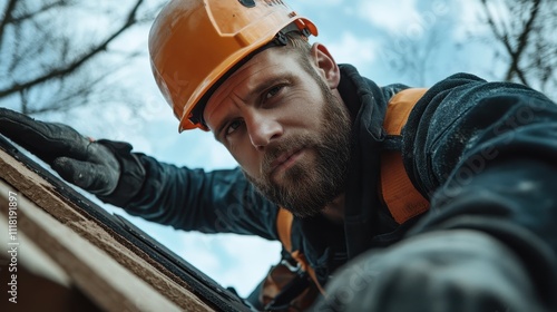 A focused construction worker, wearing a helmet and protective gear, carefully inspects a rooftop structure, highlighting attention to detail amidst a clear sky. photo