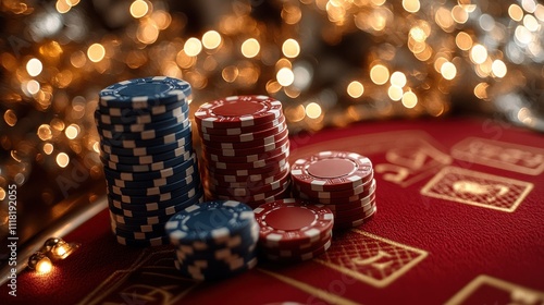 Casino chips stacked on a red felt poker table with bokeh lights in the background. photo