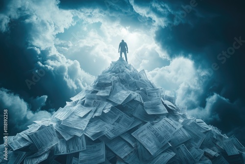 Abstract representation of credit card debt as a mountain of bills and overdue notices, with a lone climber struggling to ascend, dark clouds above photo