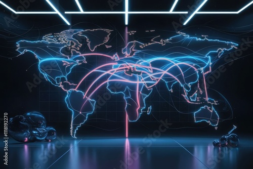 A glowing world map in a sleek, futuristic style with vibrant neon lines connecting continents.