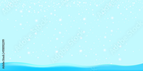 Realistic cartoon snow hills with falling snowflakes and blue sky background. Winter wide landscape design element with blue snow. Minimal nature composition with snowy fields and falling snow
