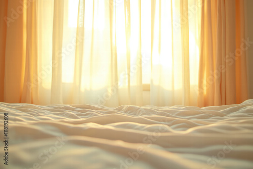 Soft, warm toned bedroom scene with sunlight filtering through sheer curtains, creating cozy atmosphere. rumpled bedspread adds to inviting feel of space