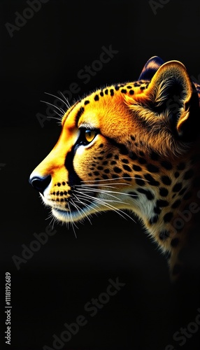 Close up profile view of cheetah head against black background. Predatory animal with golden fur, dark spots. Powerful wildcat. High contrast graphic illustration captures wild animal nature. Perfect photo