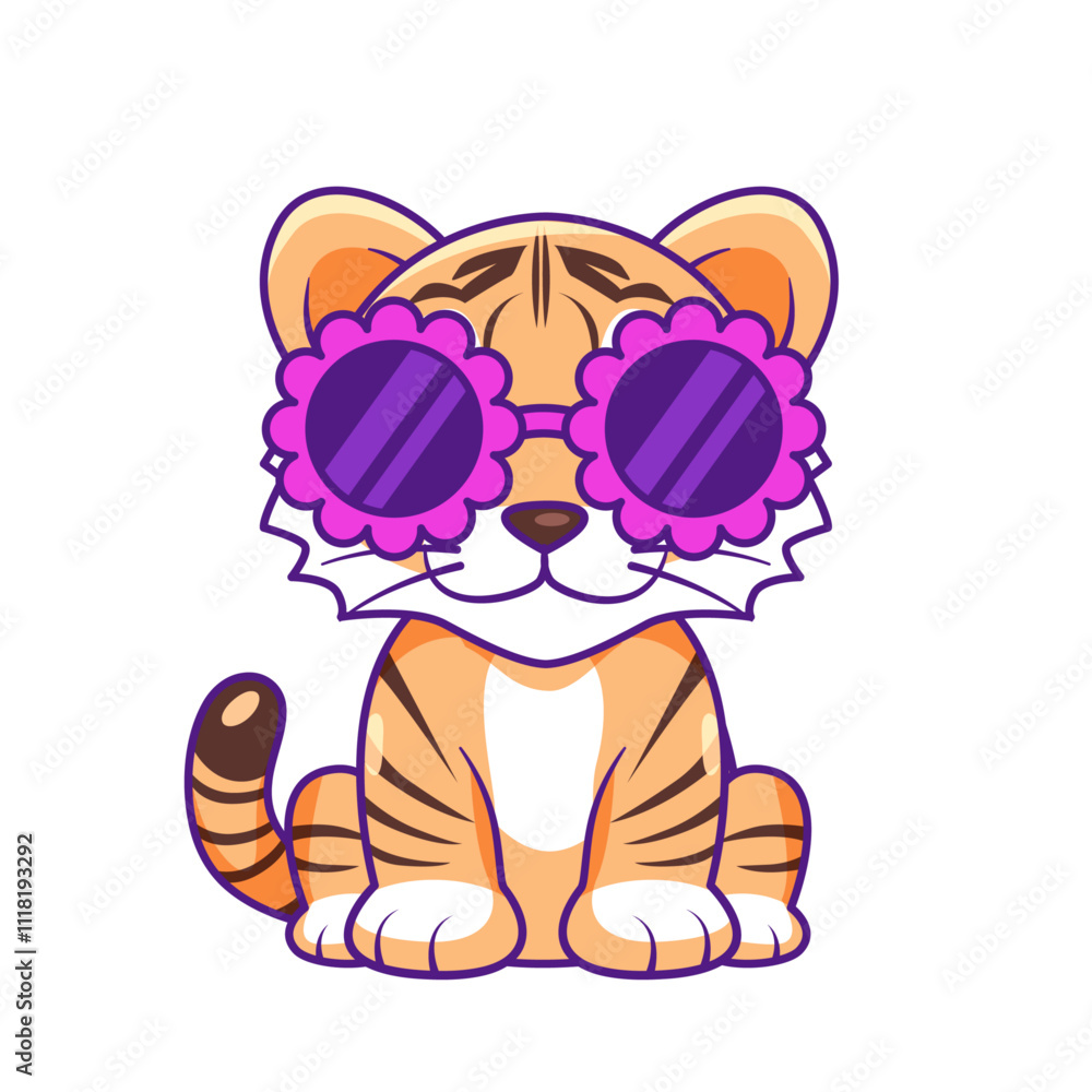 Naklejka premium Cute Tiger Cartoon Kawaii Sticker. Character Vector Illustration