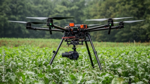 A large black drone with orange accents stands in a green field, ready for flight.