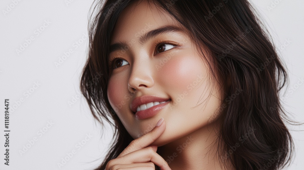 Asian model smiling softly studio portrait high fidelity close-up view beauty concept Asian model smiling softly studio portrait high fidelity close-up view beauty concept