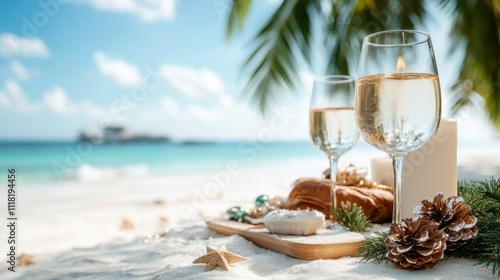 This vibrant beach image captures a tropical holiday scene, featuring wine glasses, festive decorations, and a peaceful ocean backdrop with clear blue skies. photo