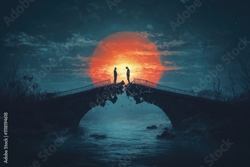 Illustration of a bridge breaking in half as a couple stands on each side, symbolic of separation, with a dreamy yet melancholic sunset