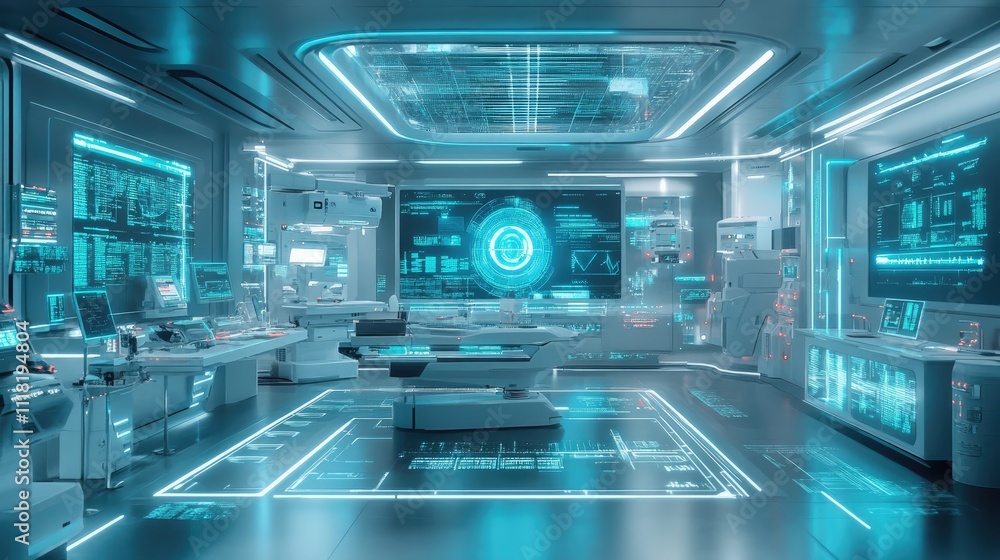 Futuristic medical lab with advanced technology and interactive displays. Futuristic medical lab with advanced technology and interactive displays.