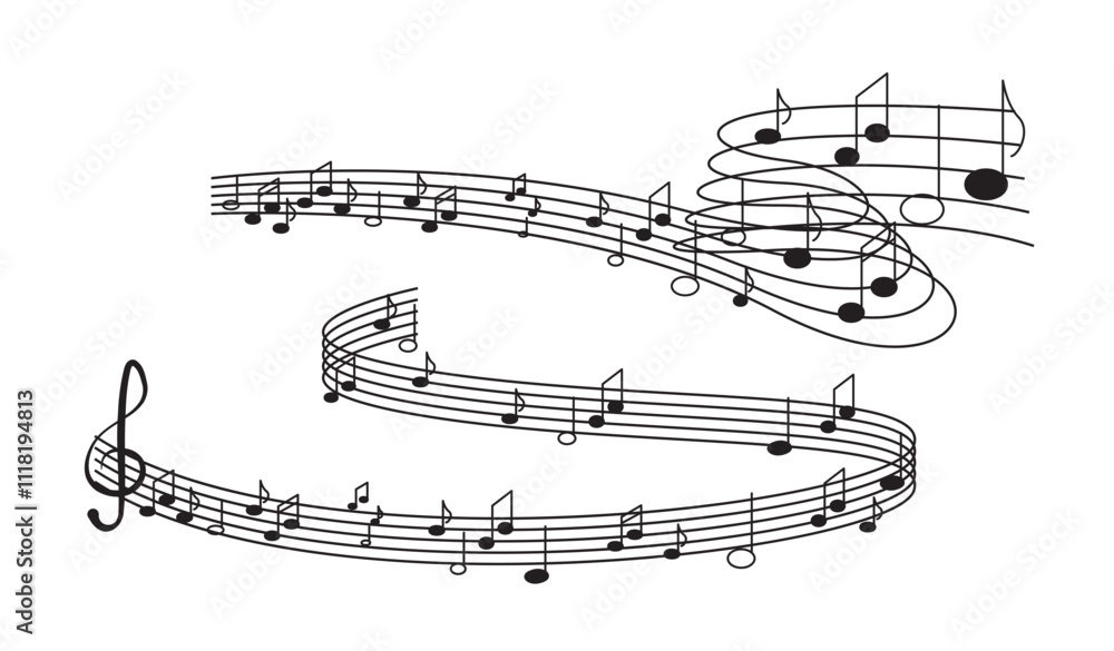 Music notes wave. Music composition and production. Melodies and songs. Creativity and art. Hobby and leisure. Graphic element for website. Flat vector illustration Music notes wave. Music composition and production. Melodies and songs. Creativity and art. Hobby and leisure. Graphic element for website. Flat vector illustration