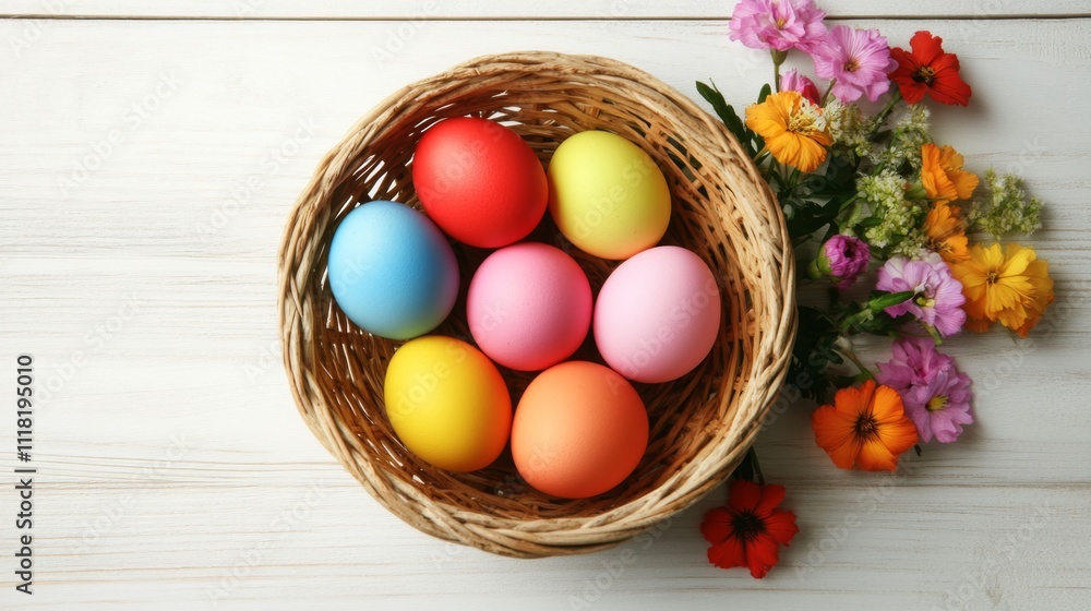 Colorful easter eggs in basket and flowers on white wooden table. Top view with copy space Colorful easter eggs in basket and flowers on white wooden table. Top view with copy space