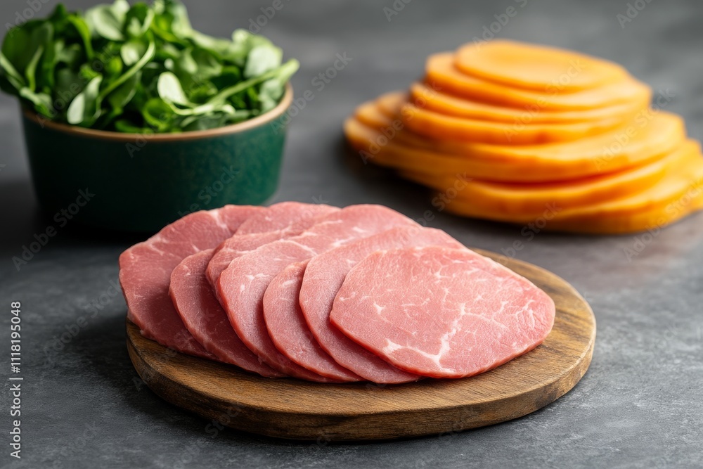 Carne fresca cortada en rodajas sobre una tabla de madera, acompañada de espinacas y rodajas de calabaza en el fondo.
Carne fresca cortada en rodajas sobre una tabla de madera, acompañada de espinacas y rodajas de calabaza en el fondo.