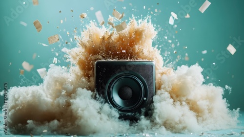 A speaker sits at the center as a cloud burst erupts around it with flying fragments, creating an artistic explosion that captures the imagination and emotions. photo