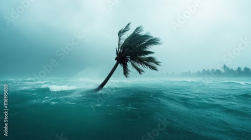 A palm tree resiliently bends against strong winds during a turbulent ocean storm. The image embodies raw nature's power and survival amidst adversity. photo