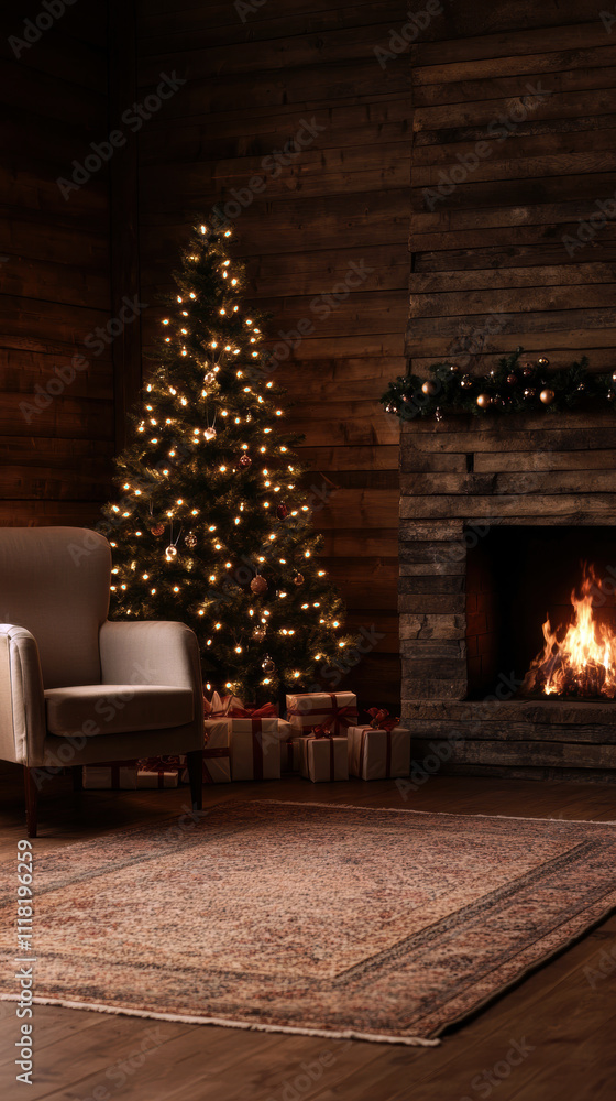 Fototapeta premium A warm, inviting room features a decorated Christmas tree and a crackling fireplace, creating a perfect holiday atmosphere filled with joy and nostalgia.