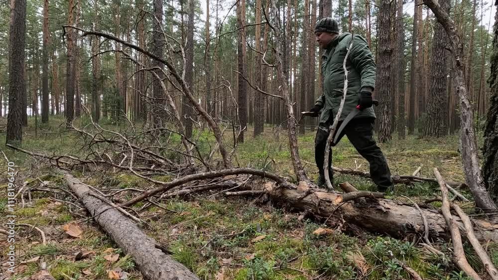 A man chops sticks for firewood in the forest A man chops sticks for firewood in the forest