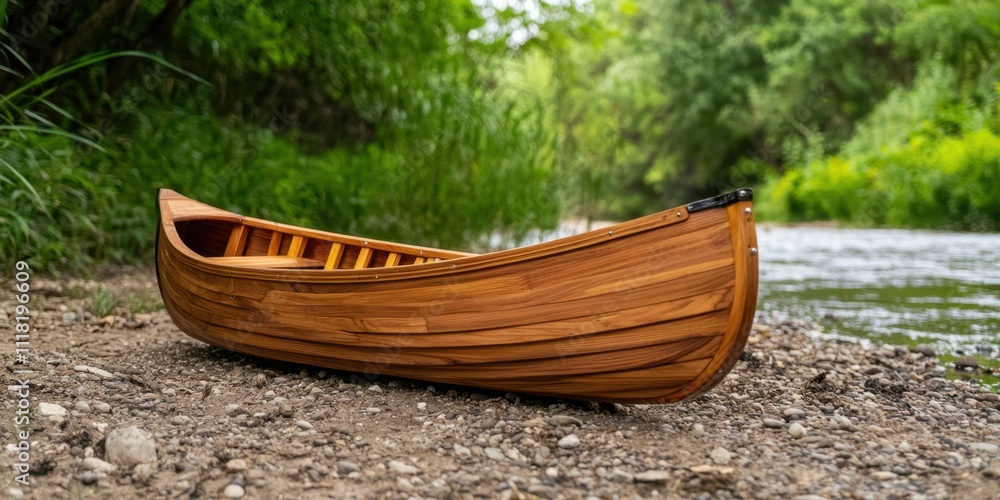 High quality handmade woodwork concept. Wooden canoe resting by a serene riverbank surrounded by greenery High quality handmade woodwork concept. Wooden canoe resting by a serene riverbank surrounded by greenery