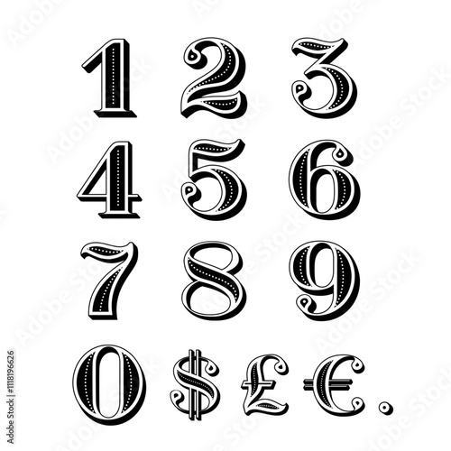 Number and currency font. Font of numbers in classical style. Beautiful elegant numerals. Vintage and bold numbers