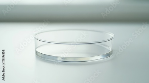 A lab-style petri dish viewed from the side with a focus on its rim, set against a bright white surface