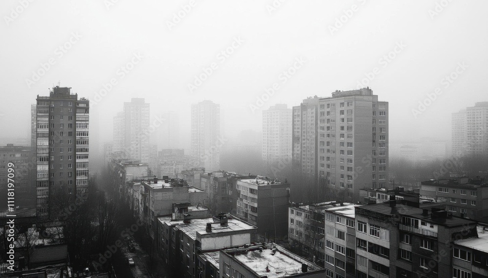 A foggy urban landscape with tall buildings shrouded in mist.