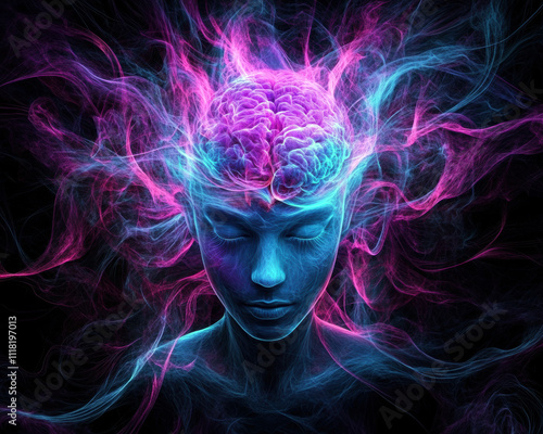 This vivid artwork depicts a serene figure with an illuminated brain, surrounded by swirling waves of pink and blue energy, symbolizing the power of thought and creativity.