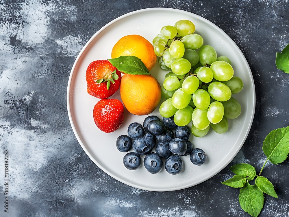 A plate of fresh fruit including strawberries grapes and blueberries A plate of fresh fruit including strawberries grapes and blueberries