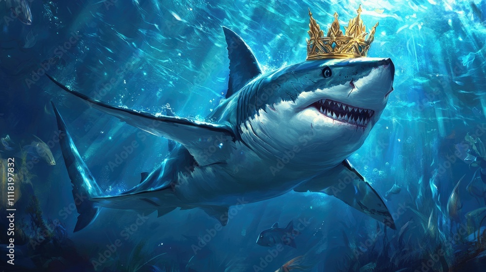 Naklejka premium A majestic great white shark swimming gracefully underwater, wearing a golden crown, surrounded by shimmering blue light