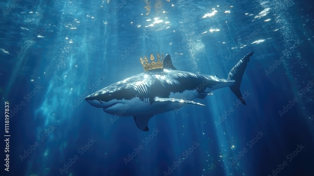 A majestic great white shark swimming gracefully underwater, wearing a golden crown, surrounded by shimmering blue light A majestic great white shark swimming gracefully underwater, wearing a golden crown, surrounded by shimmering blue light