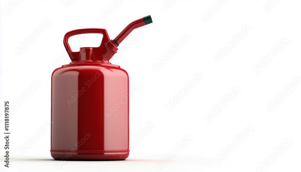 Obraz premium A vibrant red fuel canister with a spout, designed for safely transporting and storing liquids such as gasoline. Its robust build ensures durability and ease of use.