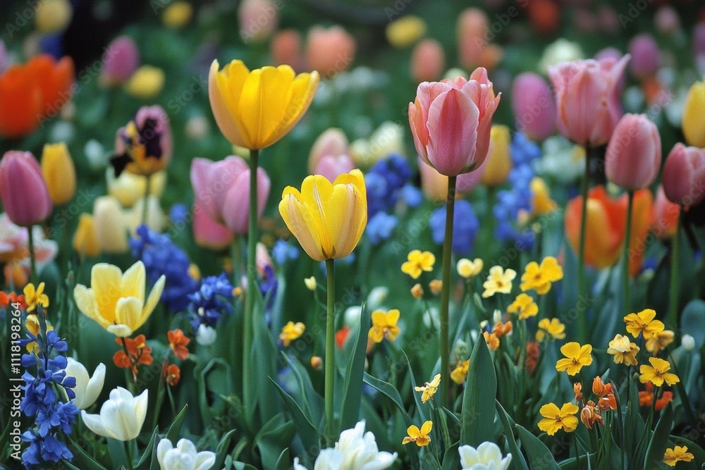 A vibrant garden filled with various colorful flowers in bloom. A vibrant garden filled with various colorful flowers in bloom.