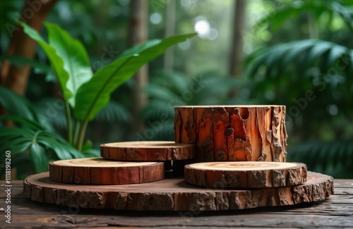 Wooden podiums of varying heights positioned on rustic wooden surface. Natural tropical green plants forms backdrop creating forest themed display area. Suitable for product presentation exhibition. photo